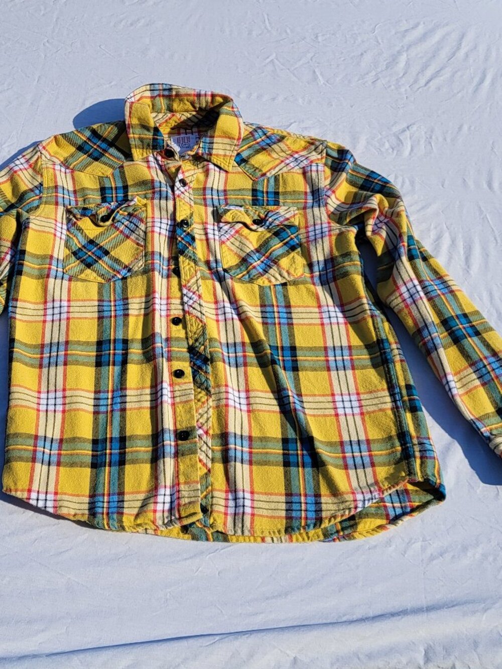 Topo Designs Men's Large Yellow Plaid Flannel Chore Shirt Colorful Streetwear